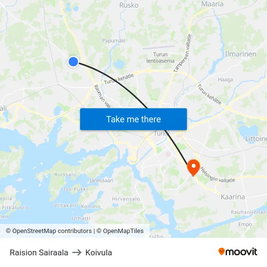 Raision Sairaala to Koivula map