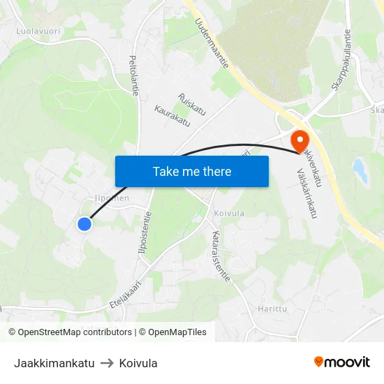 Jaakkimankatu to Koivula map