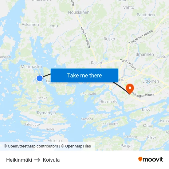 Heikinmäki to Koivula map