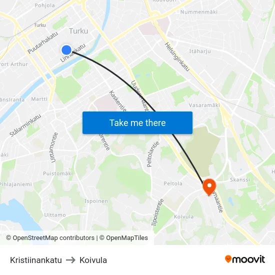Kristiinankatu to Koivula map