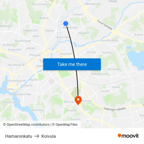Hamaronkatu to Koivula map