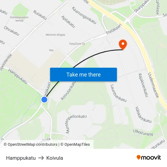 Hamppukatu to Koivula map