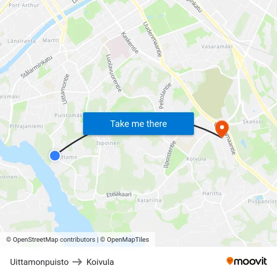 Uittamonpuisto to Koivula map