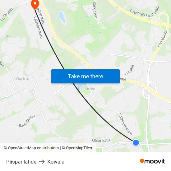 Piispanlähde to Koivula map