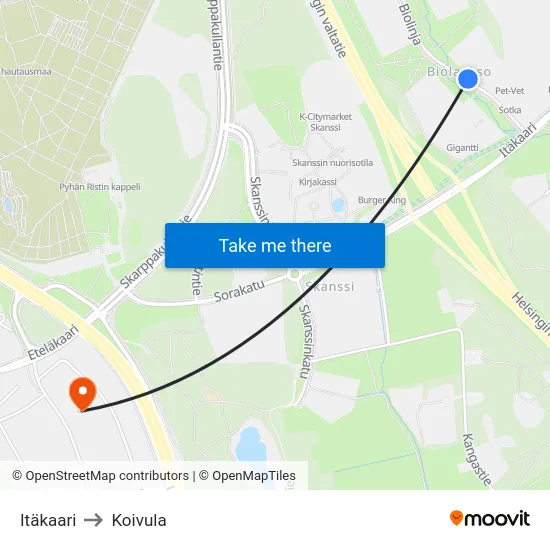 Itäkaari to Koivula map