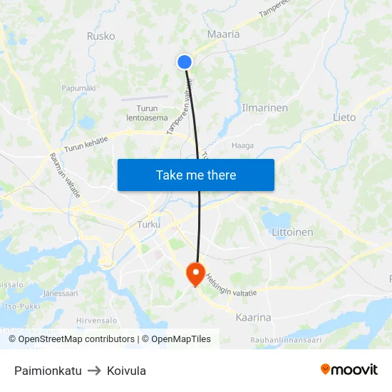 Paimionkatu to Koivula map