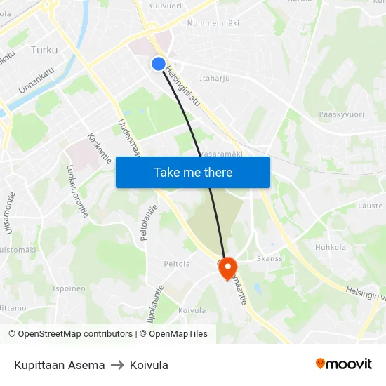 Kupittaan Asema to Koivula map