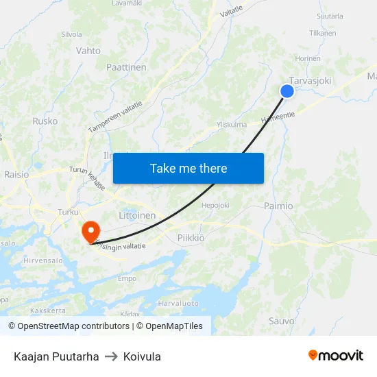 Kaajan Puutarha to Koivula map