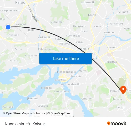 Nuorikkala to Koivula map