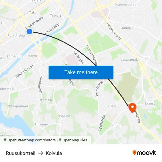 Ruusukortteli to Koivula map