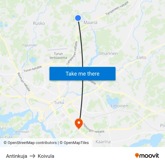 Antinkuja to Koivula map