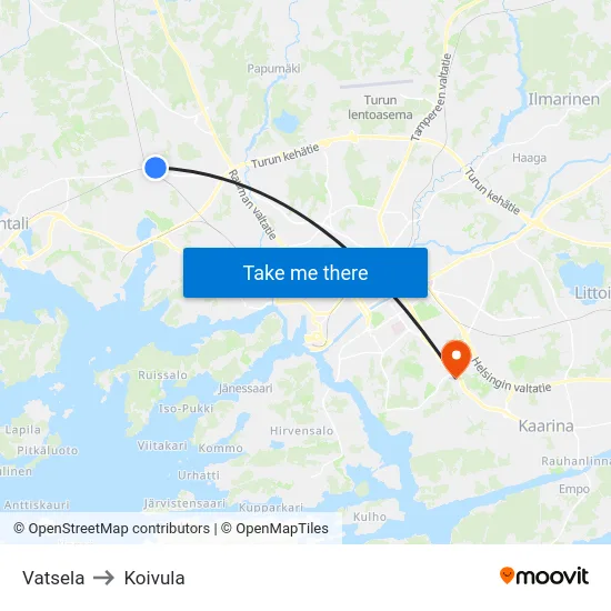 Vatsela to Koivula map