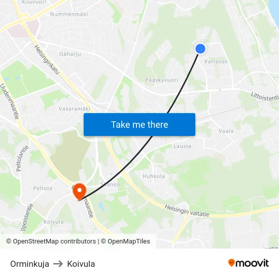 Orminkuja to Koivula map