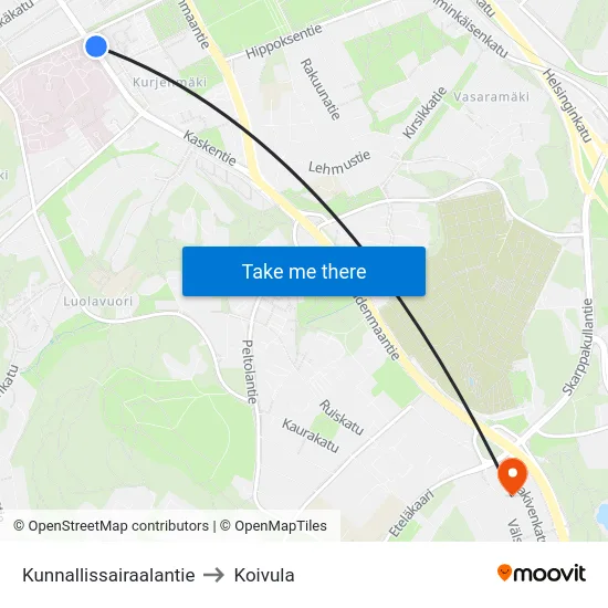 Kunnallissairaalantie to Koivula map