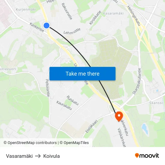 Vasaramäki to Koivula map