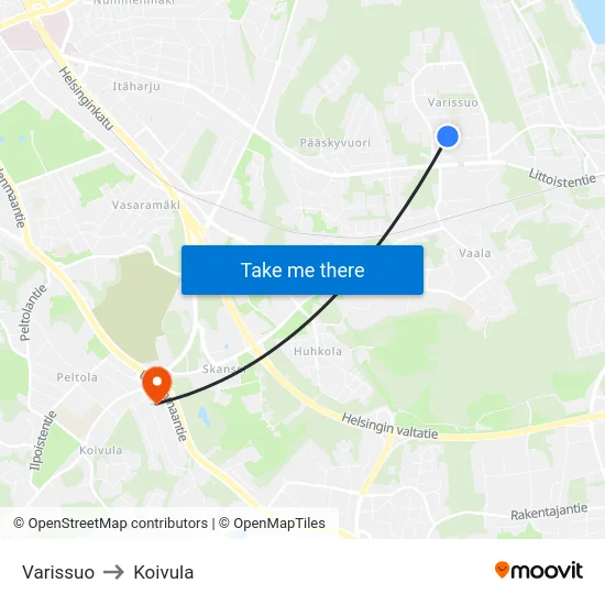 Varissuo to Koivula map