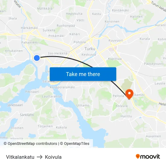 Vitkalankatu to Koivula map