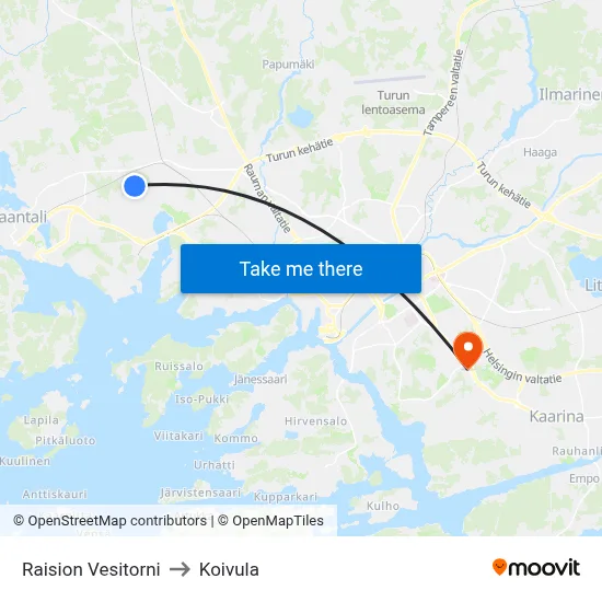 Raision Vesitorni to Koivula map