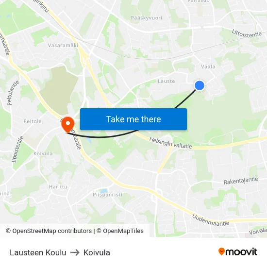 Lausteen Koulu to Koivula map