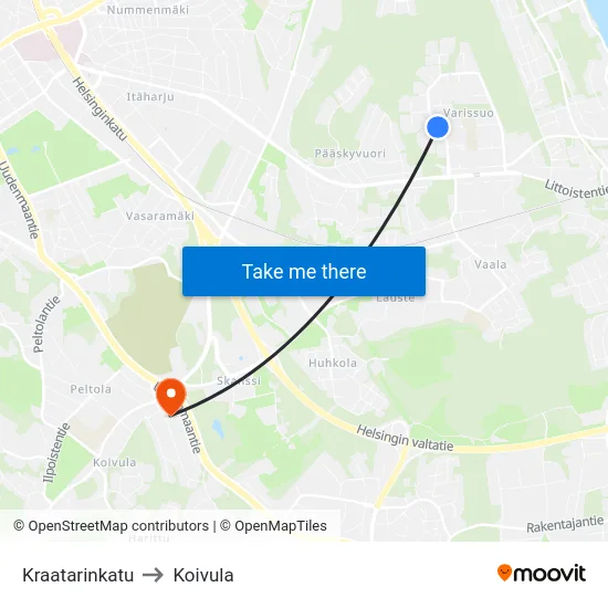 Kraatarinkatu to Koivula map