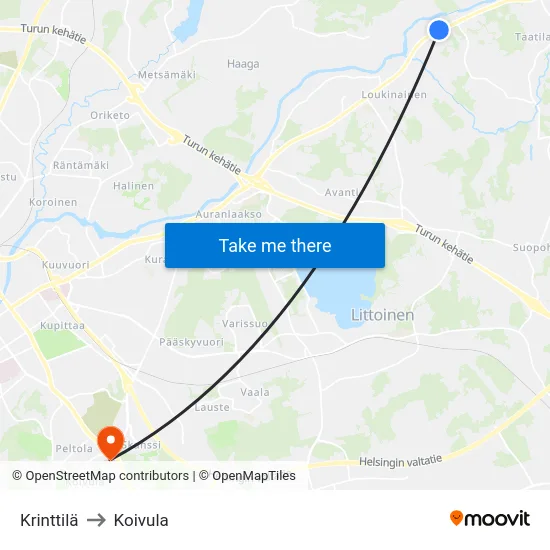 Krinttilä to Koivula map