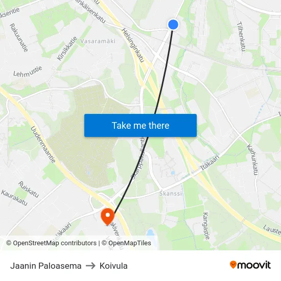 Jaanin Paloasema to Koivula map