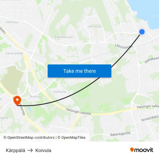 Kärppälä to Koivula map