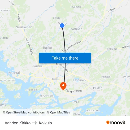 Vahdon Kirkko to Koivula map