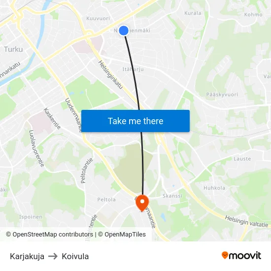 Karjakuja to Koivula map