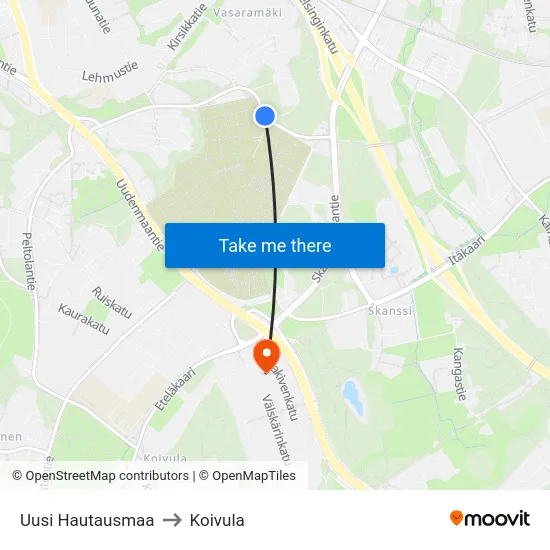 Uusi Hautausmaa to Koivula map