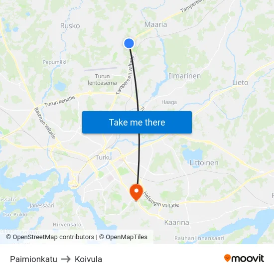 Paimionkatu to Koivula map