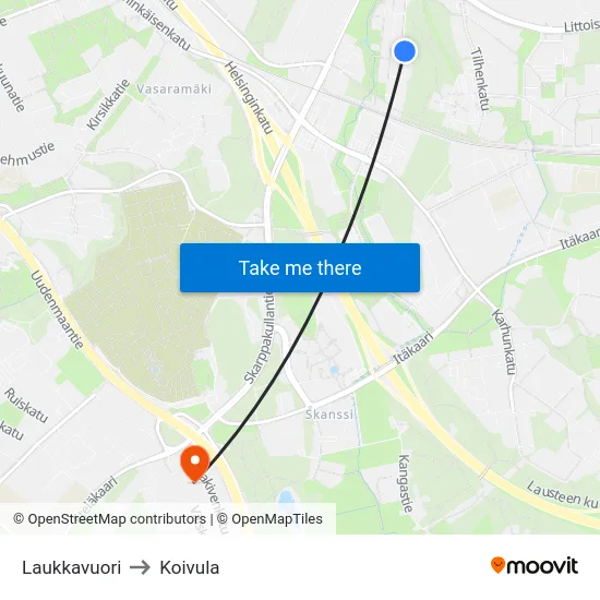 Laukkavuori to Koivula map