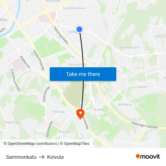 Sammonkatu to Koivula map