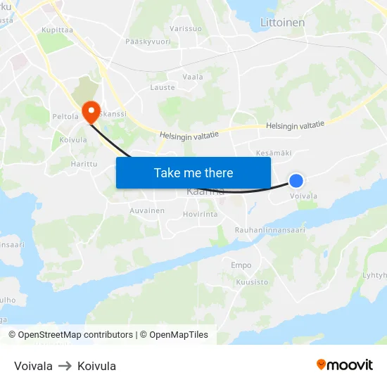 Voivala to Koivula map