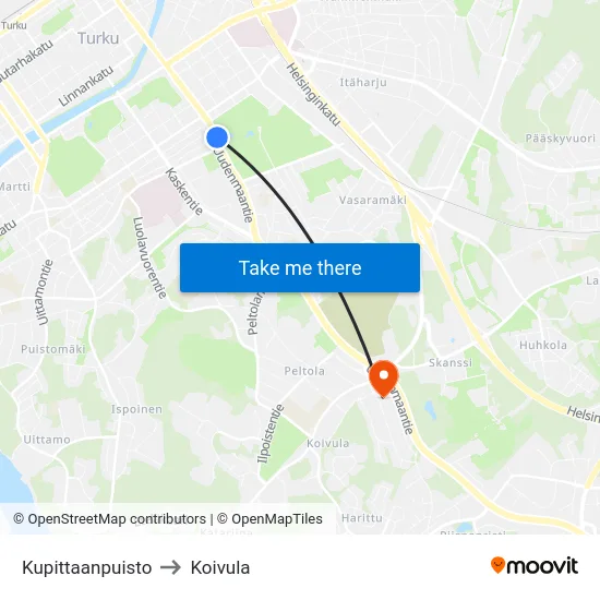 Kupittaanpuisto to Koivula map