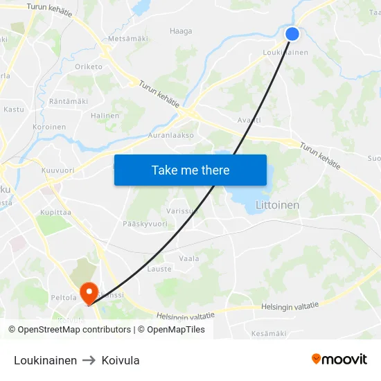 Loukinainen to Koivula map