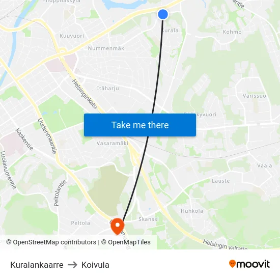 Kuralankaarre to Koivula map