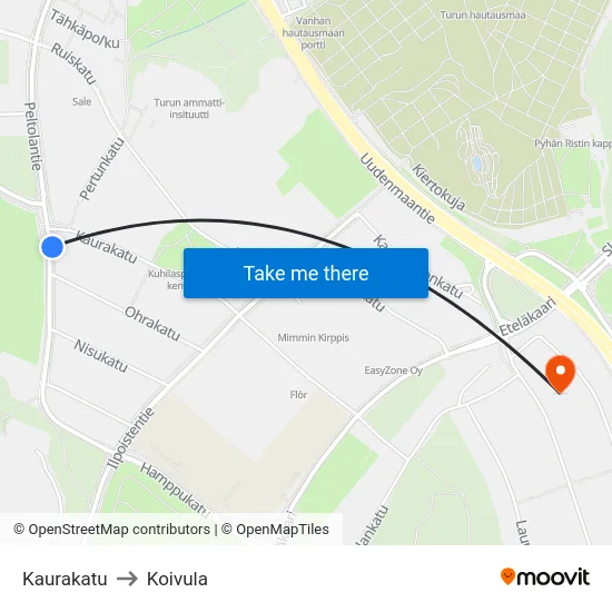 Kaurakatu to Koivula map