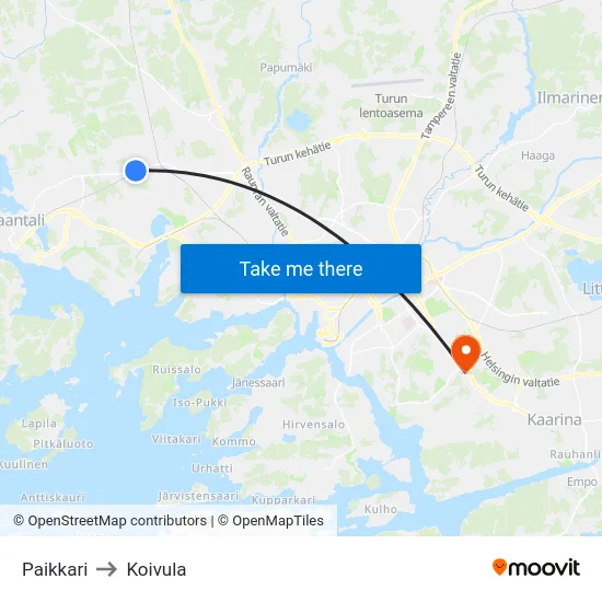 Paikkari to Koivula map