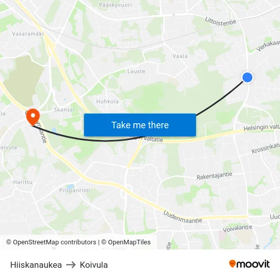 Hiiskanaukea to Koivula map