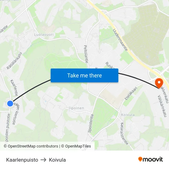 Kaarlenpuisto to Koivula map