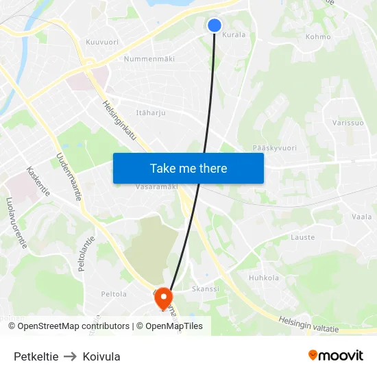 Petkeltie to Koivula map