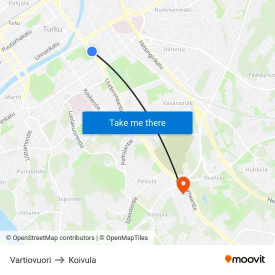 Vartiovuori to Koivula map