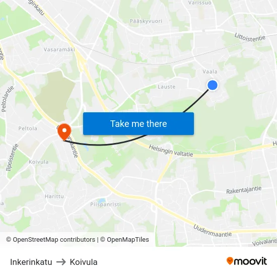 Inkerinkatu to Koivula map