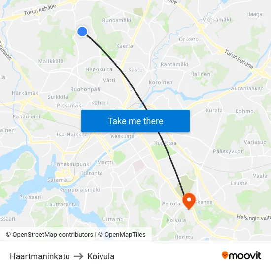 Haartmaninkatu to Koivula map