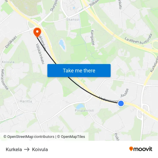 Kurkela to Koivula map