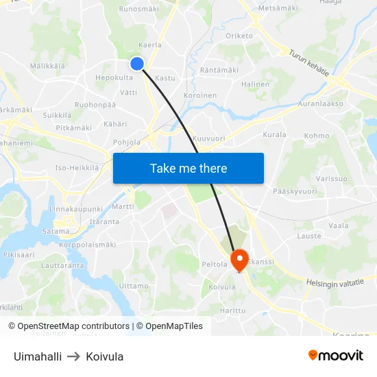Uimahalli to Koivula map