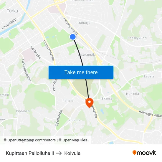 Kupittaan Palloiluhalli to Koivula map