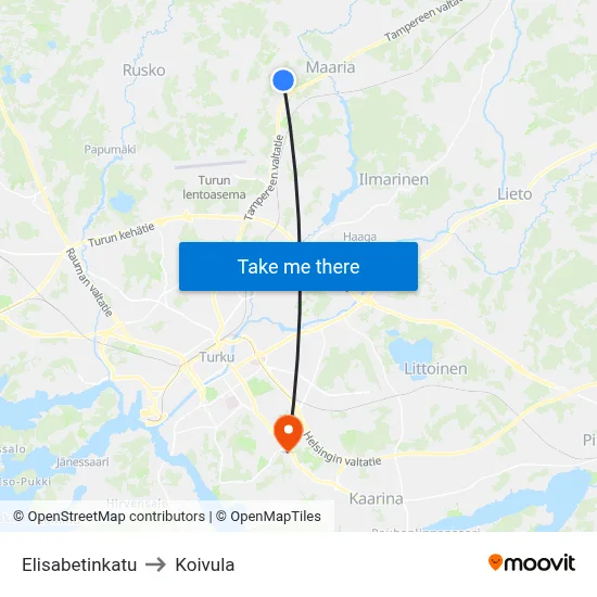 Elisabetinkatu to Koivula map
