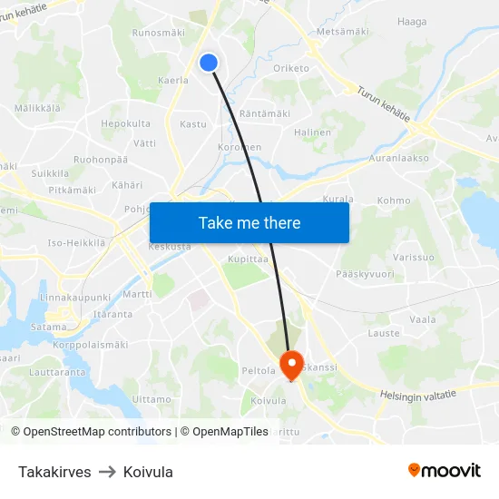 Takakirves to Koivula map